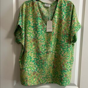 Green Floral V-Neck Blouse